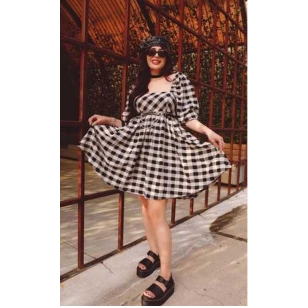 STORIA‎ Black White Gingham Square Neck Puff Sleeve Babydoll Dress Women Medium